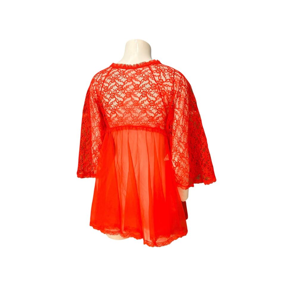 Vintage 60s Red Sheer Lace Babydoll Lingerie Peignoir Robe Small Nylon - - Picture 6 of 8